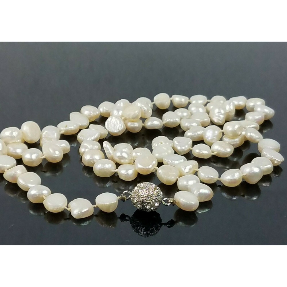 Keshi Pearl Necklace Silver Tone Crystal Pave Orb Clasp 32" Vintage Estate